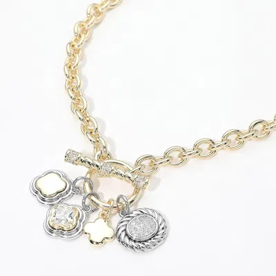Fashnzfab 14k Gold Plated Two Tone Cz Quatrefoil Oval Multi Charm Toggle Necklace In Metallic