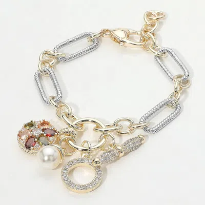 Fashnzfab 14k Gold Plated Two Tone Cz Stone Embellished Floral Medal Ring Pearl Charm Accent Bracelet In Multi