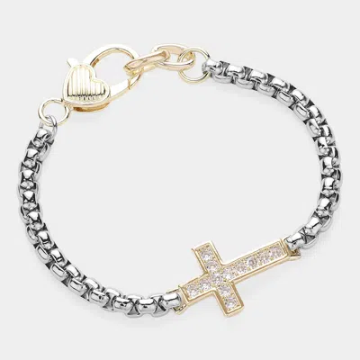 Fashnzfab 14k Gold Plated Two Tone Cz Stone Paved Cross Bracelet In Metallic