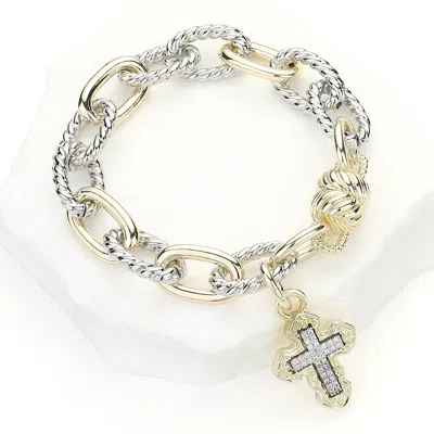 Fashnzfab 14k Gold Plated Two Tone Cz Stone Paved Cross Charm Chunky Chain Magnetic Bracelet - Two Tone In Multi