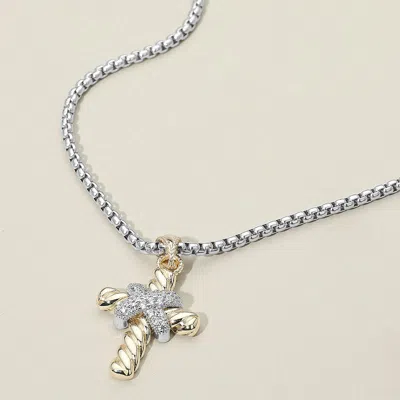Fashnzfab 14k Gold Plated Two Tone Cz Stone Paved Cross Pendant Necklace In Multi