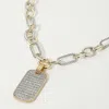 Fashnzfab 14k Gold Plated Two Tone Cz Stone Paved Dog Tag Pendant Chunky Chain Necklace In Multi