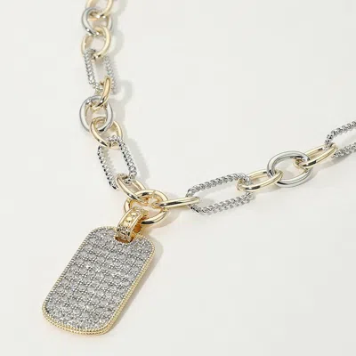 Fashnzfab 14k Gold Plated Two Tone Cz Stone Paved Dog Tag Pendant Chunky Chain Necklace In Multi