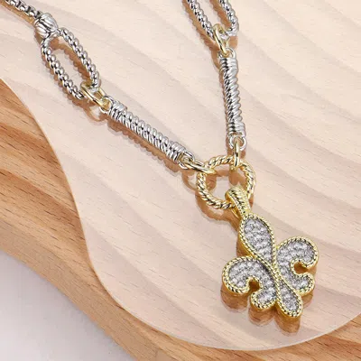 Fashnzfab 14k Gold Plated Two Tone Cz Stone Paved Fleur De Lis Pendant Necklace