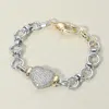 Fashnzfab 14k Gold Plated Two Tone Cz Stone Paved Heart Charm Chunky Chain Link Bracelet In Metallic