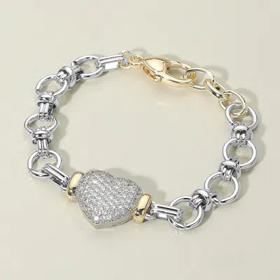 Fashnzfab 14k Gold Plated Two Tone Cz Stone Paved Heart Charm Chunky Chain Link Bracelet In Metallic