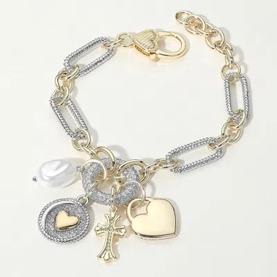 Fashnzfab 14k Gold Plated Two Tone Cz Stone Paved Heart Medallion Cross Pearl Charm Chunky Oval Chain Bracelet In Multi