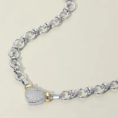 Fashnzfab 14k Gold Plated Two Tone Cz Stone Paved Heart Pendant Accent Chunky Chain Link Necklace In Silver