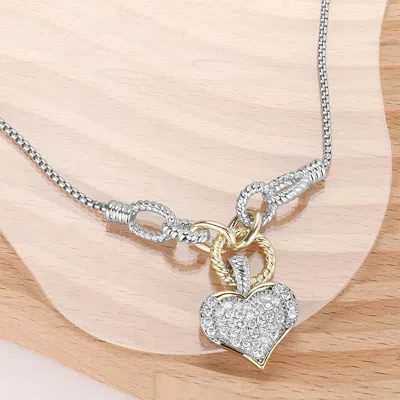 Fashnzfab 14k Gold Plated Two Tone Cz Stone Paved Heart Pendant Necklace - Two Tone In Multi