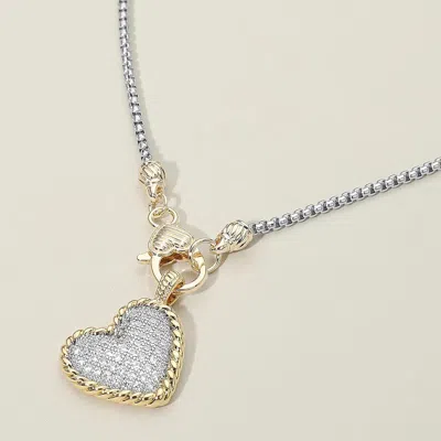 Fashnzfab 14k Gold Plated Two Tone Cz Stone Paved Heart Pendant Necklace