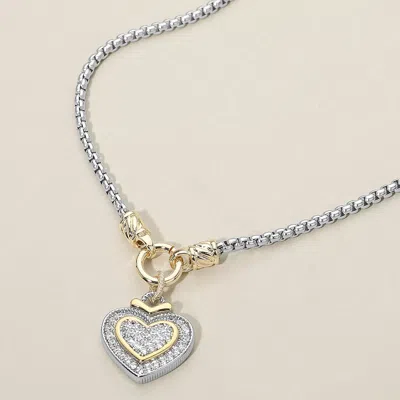 Fashnzfab 14k Gold Plated Two Tone Cz Stone Paved Heart Pendant Necklace In Silver