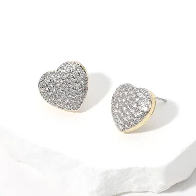 Fashnzfab 14k Gold Plated Two Tone Cz Stone Paved Heart Stud Earrings - Two Tone