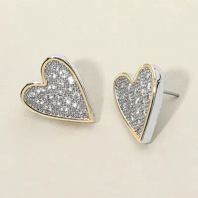 Fashnzfab 14k Gold Plated Two Tone Cz Stone Paved Heart Stud Earrings In Multi