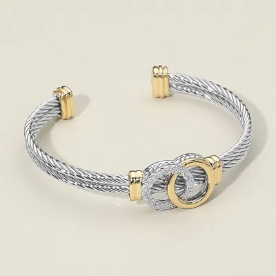 Fashnzfab 14k Gold Plated Two Tone Cz Stone Paved Interlocking Accent Double Row Cable Cuff Bracelet In Multi