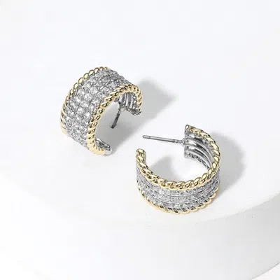 Fashnzfab 14k Gold Plated Two Tone Cz Stone Paved Mini Hoop Earrings In Metallic