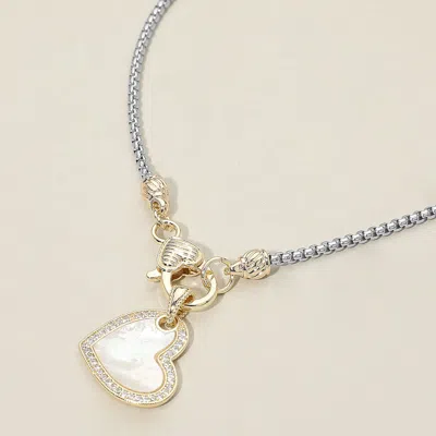 Fashnzfab 14k Gold Plated Two Tone Cz Stone Paved Mother Of Pearl Heart Pendant Necklace - Mother Of Pearl, Tw In Multi