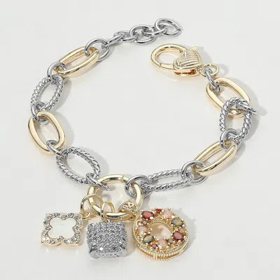 Fashnzfab 14k Gold Plated Two Tone Cz Stone Paved Mother Of Pearl Quatrefoil Square Ring Charm Accent Bracelet In Silver