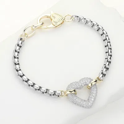 Fashnzfab 14k Gold Plated Two Tone Cz Stone Paved Open Heart Accented Bracelet Two Tone In Metallic