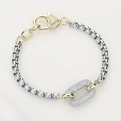 Fashnzfab 14k Gold Plated Two Tone Cz Stone Paved Open Rectangle Accented Bracelet Two Tone In Multi