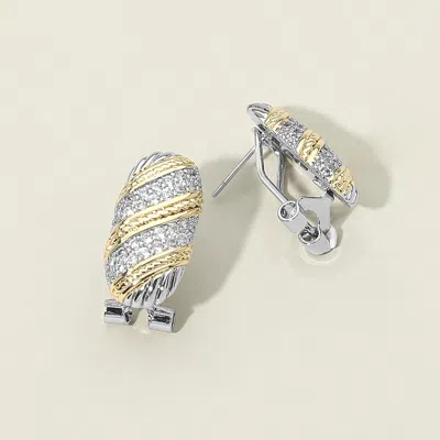 Fashnzfab 14k Gold Plated Two Tone Cz Stone Paved Oval Earrings Two Tone In Neutral