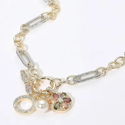 Fashnzfab 14k Gold Plated Two Tone Cz Stone Paved Pearl Multi Colored Marquise Stone Embellished Disc Charm Pe In Silver