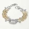 Fashnzfab 14k Gold Plated Two Tone Cz Stone Paved Plate Accent Double Chain Bracelet Two Tone In Multi