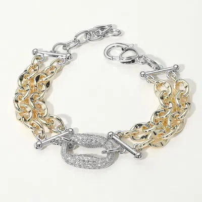 Fashnzfab 14k Gold Plated Two Tone Cz Stone Paved Plate Accent Double Chain Bracelet Two Tone In Multi