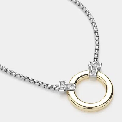 Fashnzfab 14k Gold Plated Two Tone Cz Stone Paved Pointed Circle Pendant Necklace In Metallic