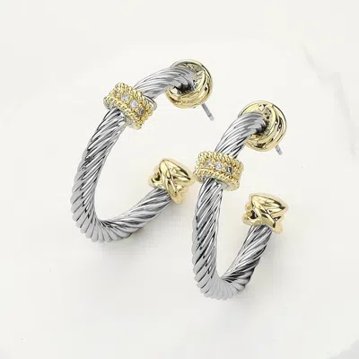 Fashnzfab 14k Gold Plated Two Tone Cz Stone Paved Pointed Twisted Hoop Earrings In Multi