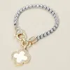 Fashnzfab 14k Gold Plated Two Tone Cz Stone Paved Quatrefoil Charm Bracelet - Mother Of Pearl, Two Tone In Multi