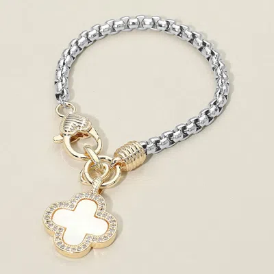 Fashnzfab 14k Gold Plated Two Tone Cz Stone Paved Quatrefoil Charm Bracelet - Mother Of Pearl, Two Tone In Multi