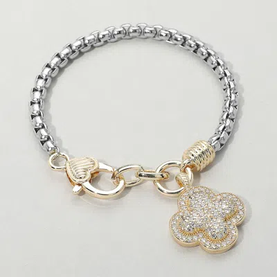 Fashnzfab 14k Gold Plated Two Tone Cz Stone Paved Quatrefoil Charm Bracelet Two Tone In Multi