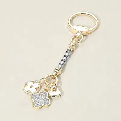 Fashnzfab 14k Gold Plated Two Tone Cz Stone Paved Quatrefoil Floral Clover Heart Charm Keychain Bag Charm In Multi