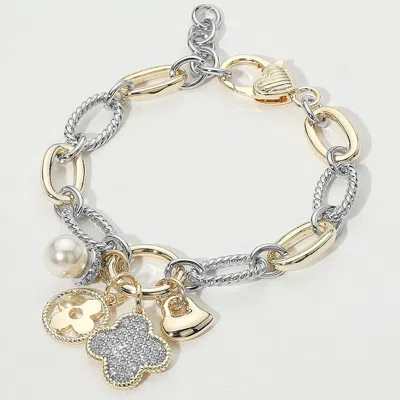 Fashnzfab 14k Gold Plated Two Tone Cz Stone Paved Quatrefoil Heart Pearl Charm Accent Bracelet In Silver
