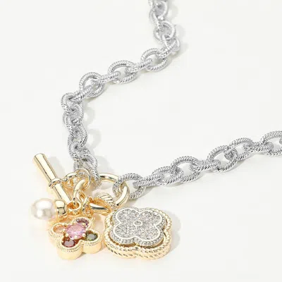 Fashnzfab 14k Gold Plated Two Tone Cz Stone Paved Quatrefoil Pearl Charm Pendant Necklace - Multi