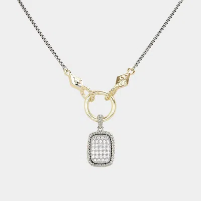 Fashnzfab 14k Gold Plated Two Tone Cz Stone Paved Rectangle Pendant Necklace - Two Tone In Multi