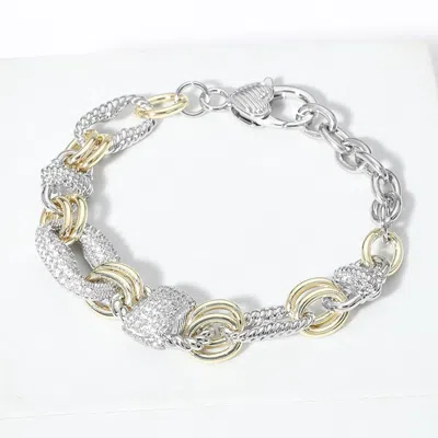 Fashnzfab 14k Gold Plated Two Tone Cz Stone Paved Ring Link Bracelet In Silver