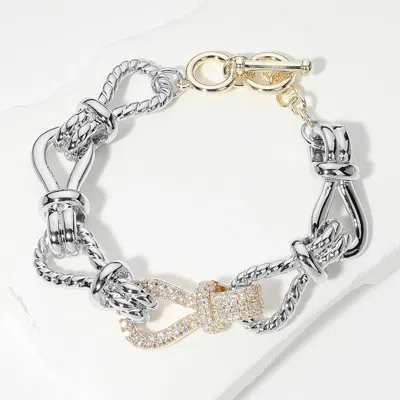 Fashnzfab 14k Gold Plated Two Tone Cz Stone Paved Rope Knot Link Toggle Bracelet In Metallic