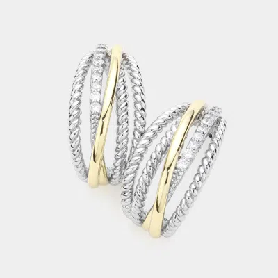 Fashnzfab 14k Gold Plated Two Tone Cz Stone Paved Rope Metal Half Hoop Earrings
