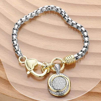 Fashnzfab 14k Gold Plated Two Tone Cz Stone Paved Round Pendant Bracelet In Multi