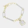 Fashnzfab 14k Gold Plated Two Tone Cz Stone Paved Square Charm Toggle Bracelet Two Tone In Multi