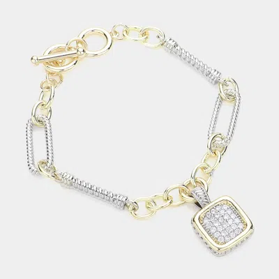 Fashnzfab 14k Gold Plated Two Tone Cz Stone Paved Square Charm Toggle Bracelet Two Tone In Multi