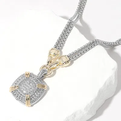 Fashnzfab 14k Gold Plated Two Tone Cz Stone Paved Square Pendant Double Chain Necklace - Two Tone In Multi