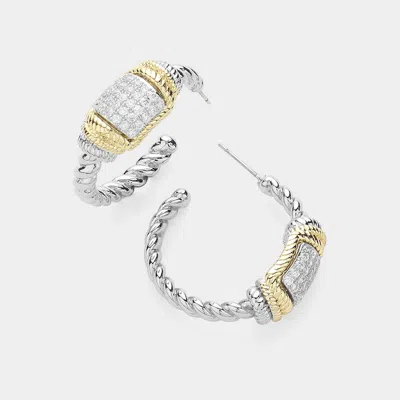 Fashnzfab 14k Gold Plated Two Tone Cz Stone Paved Square Pointed Hoop Earrings