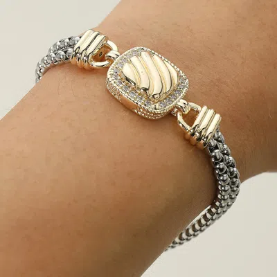 Fashnzfab 14k Gold Plated Two Tone Cz Stone Rim Textured Square Charm Accent Double Chain Magnetic Bracelet