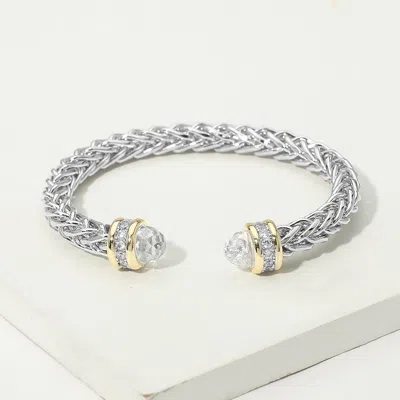 Fashnzfab 14k Gold Plated Two Tone Cz Tip Braided Cuff Bracelet In Multi