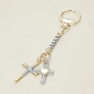 Fashnzfab 14k Gold Plated Two Tone Double Cross Drop Keychain Bag Charm In Gray