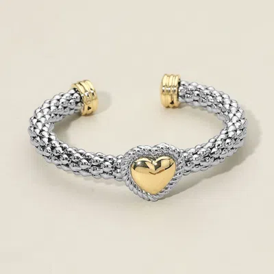 Fashnzfab 14k Gold Plated Two Tone Heart Accent Braided Cuff Bracelet In Neutral