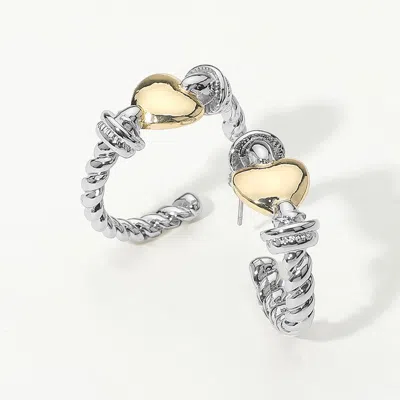 Fashnzfab 14k Gold Plated Two Tone Heart Accent Rope Hoop Earrings In White