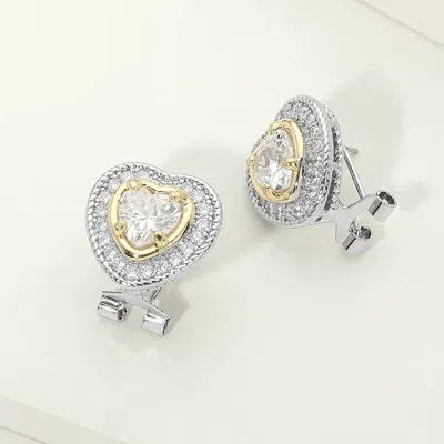 Fashnzfab 14k Gold Plated Two Tone Heart Cz Halo Stud Earrings In Metallic
